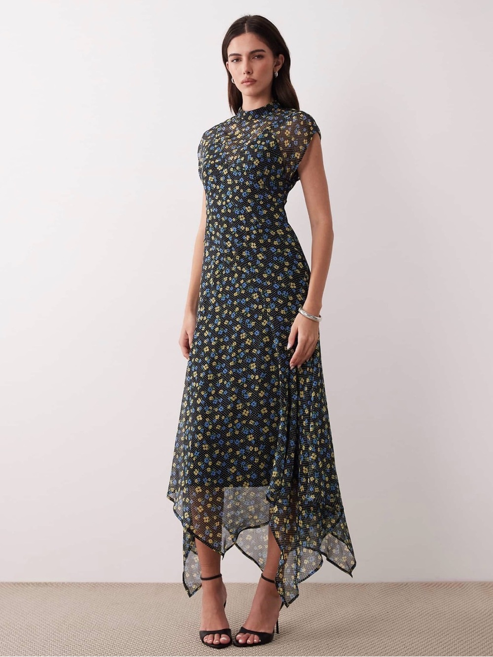 Floral Midi Dress with Handkerchief Hem - Black/Blue/Yellow